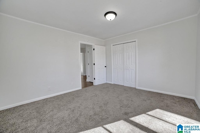 unfurnished bedroom with ornamental molding, a closet, and carpet flooring