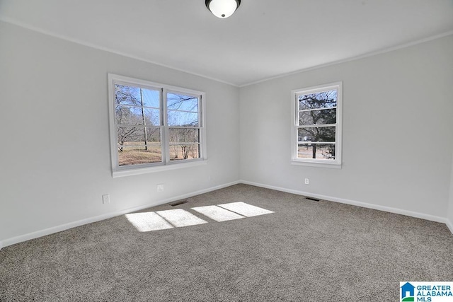 carpeted spare room with ornamental molding