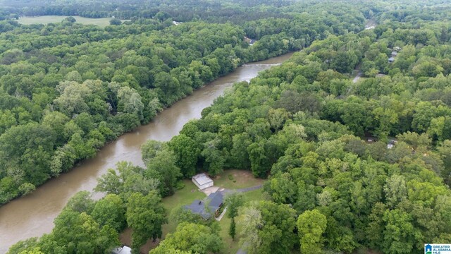 aerial view with a water view and a forest view