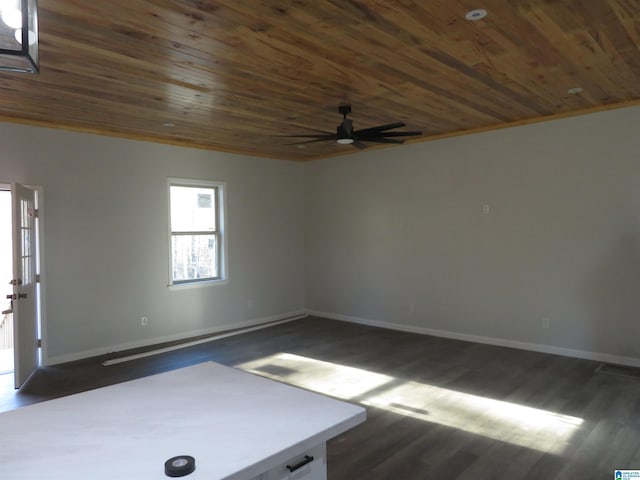 unfurnished room featuring ceiling fan, wood ceiling, ornamental molding, and dark wood-type flooring