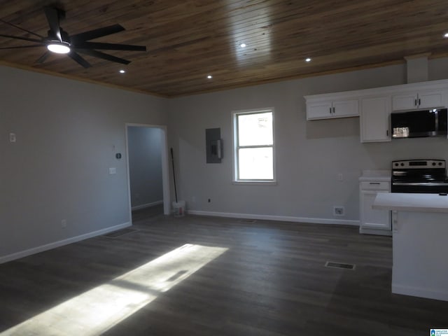 kitchen featuring electric panel, electric range, wooden ceiling, and white cabinetry