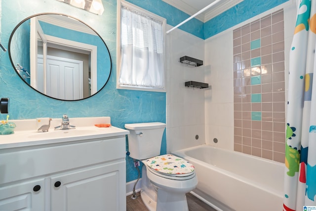 full bathroom with toilet, vanity, crown molding, and shower / bath combo with shower curtain