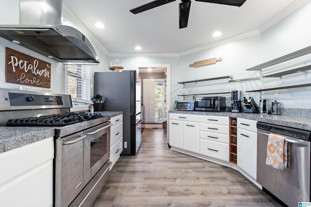 kitchen featuring light hardwood / wood-style floors, extractor fan, stainless steel appliances, ornamental molding, and white cabinets