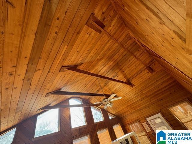 interior details featuring beam ceiling, ceiling fan, and wooden ceiling