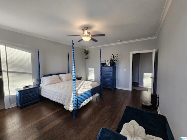 bedroom featuring ceiling fan, dark hardwood / wood-style flooring, and crown molding