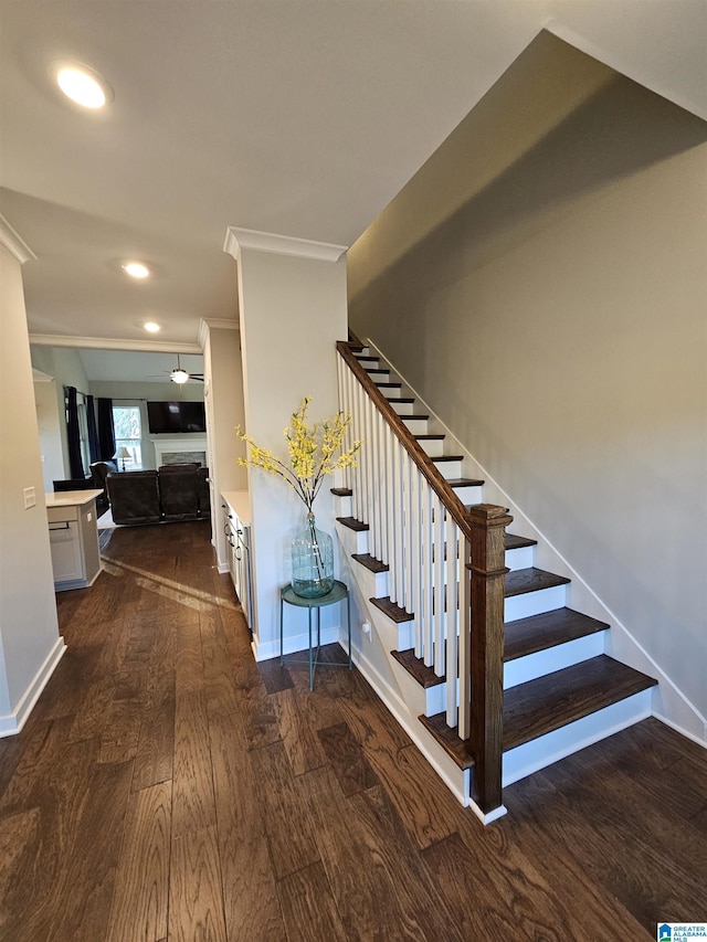 stairs featuring crown molding and hardwood / wood-style flooring