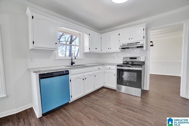 kitchen with white cabinets, dishwasher, stainless steel range with electric stovetop, and sink