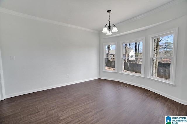 unfurnished dining area featuring crown molding, a notable chandelier, and dark hardwood / wood-style floors