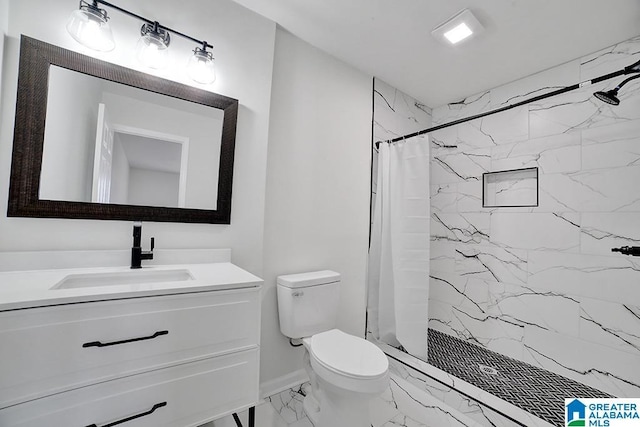 bathroom with a shower with curtain, toilet, and vanity