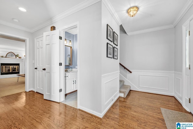 hall with ornamental molding, light wood-type flooring, and sink