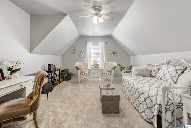 carpeted bedroom with lofted ceiling and ceiling fan