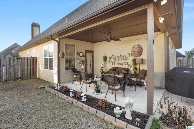 view of patio / terrace featuring ceiling fan, area for grilling, and outdoor lounge area