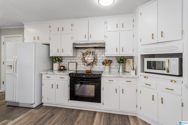 kitchen featuring white appliances, dark hardwood / wood-style floors, tasteful backsplash, and white cabinetry