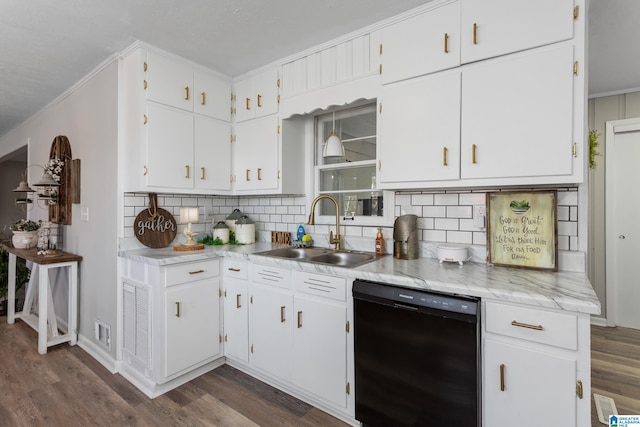 kitchen with white cabinets, dark hardwood / wood-style floors, black dishwasher, and sink