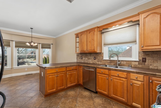 kitchen featuring backsplash, dishwasher, pendant lighting, sink, and a chandelier