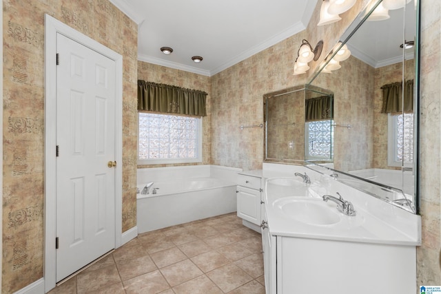 bathroom featuring crown molding, tile patterned floors, a washtub, and vanity