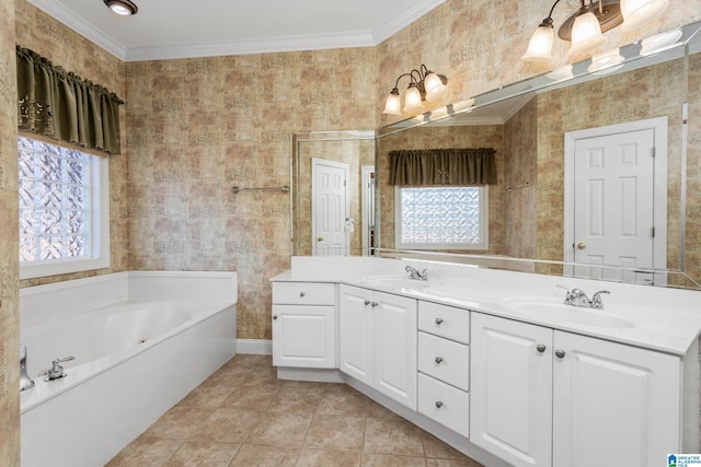 bathroom featuring a tub, vanity, crown molding, and tile patterned flooring