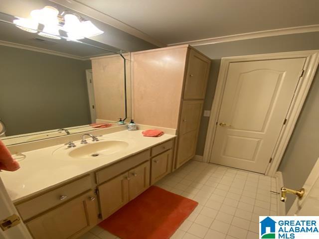 bathroom with crown molding and vanity