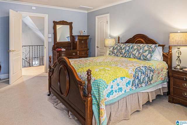 bedroom featuring ornamental molding and light colored carpet