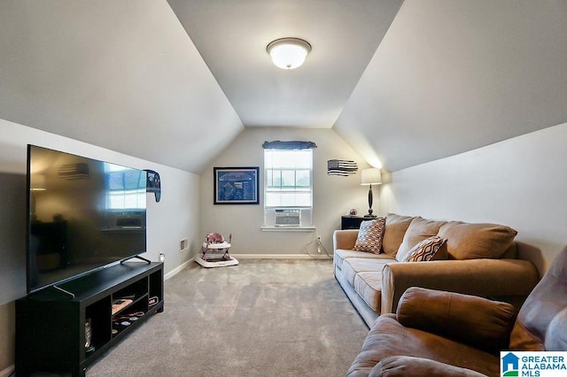 carpeted living room with lofted ceiling and cooling unit