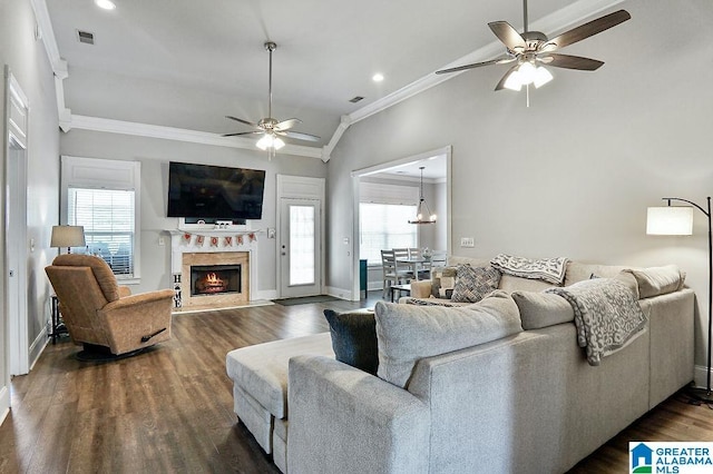 living room with vaulted ceiling, ornamental molding, dark hardwood / wood-style floors, and ceiling fan