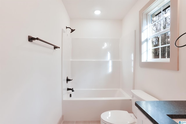 full bathroom with toilet, shower / washtub combination, vanity, and tile patterned floors