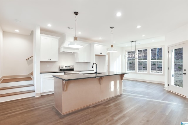 kitchen with sink, white cabinetry, and a kitchen island with sink