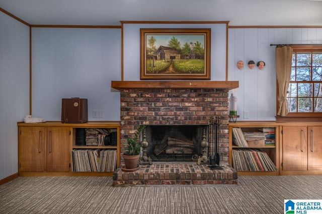 carpeted living room with a brick fireplace and crown molding