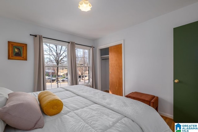 bedroom with a closet and hardwood / wood-style flooring