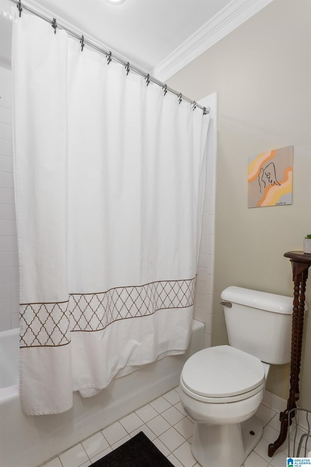 bathroom featuring toilet, crown molding, shower / tub combo with curtain, and tile patterned floors