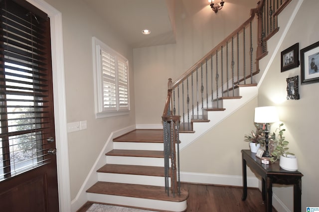 staircase featuring wood-type flooring and a wealth of natural light