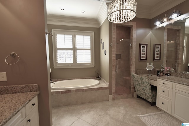 bathroom with tile patterned flooring, shower with separate bathtub, crown molding, and vanity