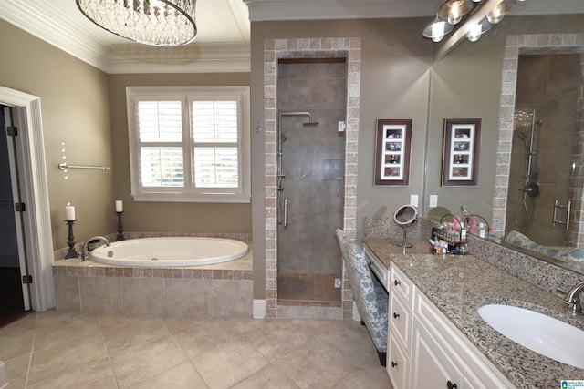 bathroom featuring shower with separate bathtub, vanity, tile patterned flooring, and crown molding