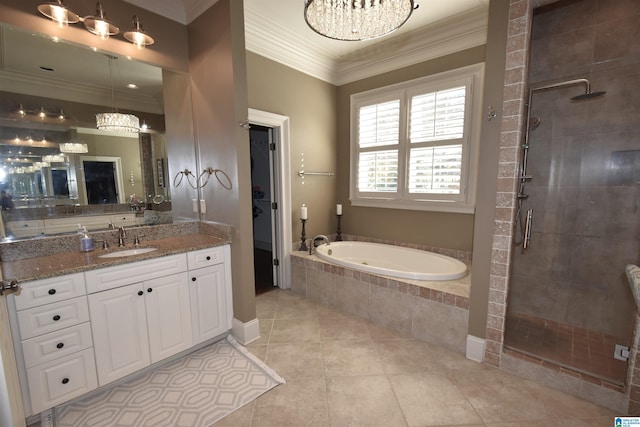 bathroom with tile patterned floors, ornamental molding, separate shower and tub, and vanity