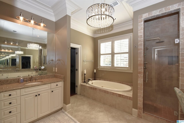 bathroom with tile patterned flooring, plus walk in shower, a chandelier, and vanity