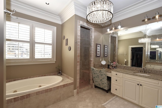 bathroom featuring vanity, tile patterned flooring, ornamental molding, and plus walk in shower