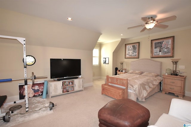 bedroom with lofted ceiling, light carpet, ceiling fan, and ornamental molding