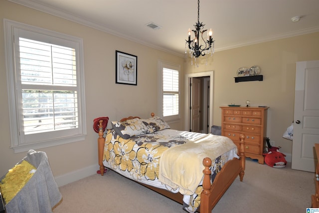 bedroom with ornamental molding, light colored carpet, and a notable chandelier