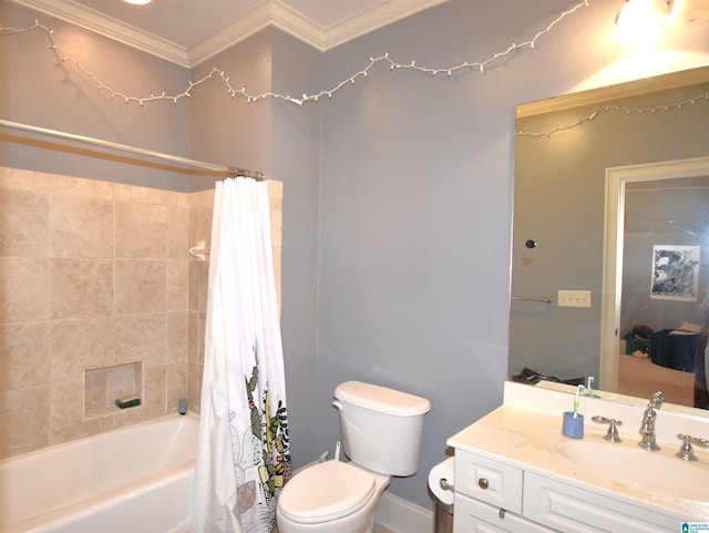 full bathroom featuring ornamental molding, shower / bath combo with shower curtain, vanity, and toilet