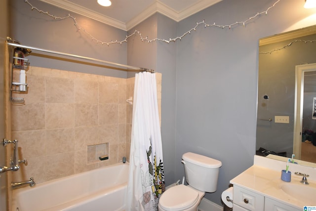 full bathroom featuring toilet, crown molding, vanity, and shower / bath combo