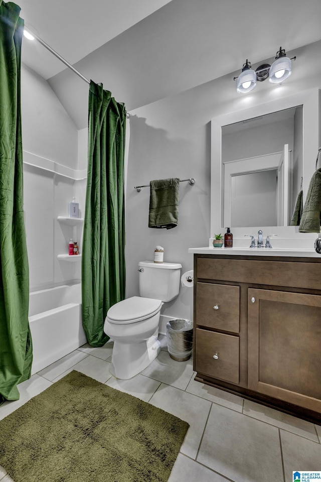 full bathroom with shower / bathtub combination with curtain, lofted ceiling, tile patterned flooring, toilet, and vanity