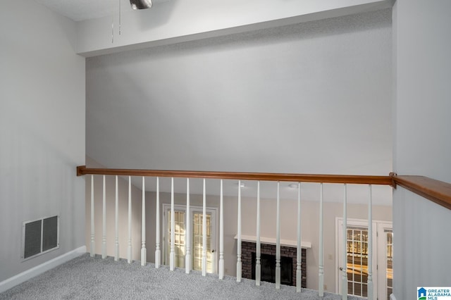 details with ceiling fan and carpet flooring