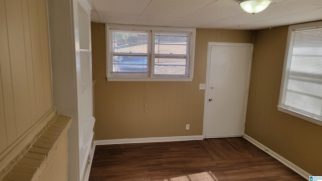 empty room with wood walls and dark hardwood / wood-style floors