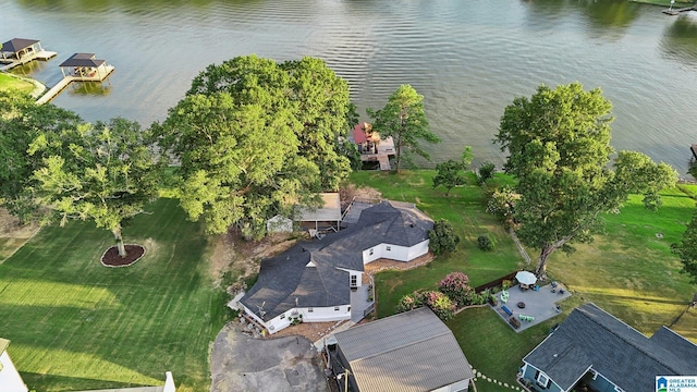 drone / aerial view with a water view