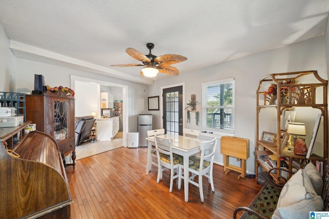 dining area with light wood-type flooring, ceiling fan, and a textured ceiling