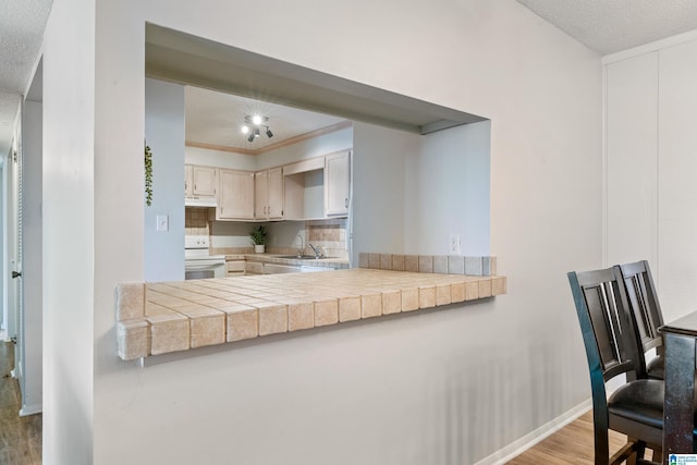 kitchen featuring sink, tile countertops, kitchen peninsula, decorative backsplash, and white electric range