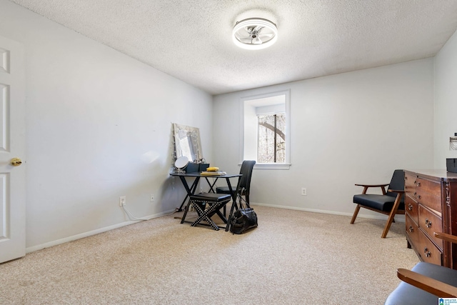 interior space with a textured ceiling and light carpet