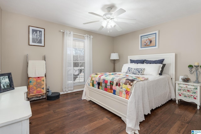 bedroom featuring ceiling fan and dark wood-type flooring