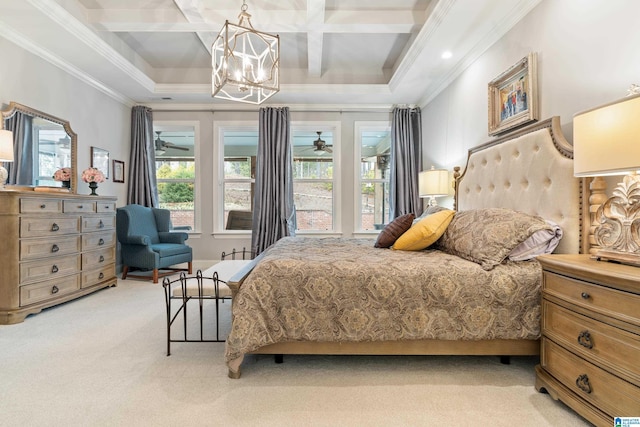 carpeted bedroom featuring beam ceiling, coffered ceiling, an inviting chandelier, and ornamental molding