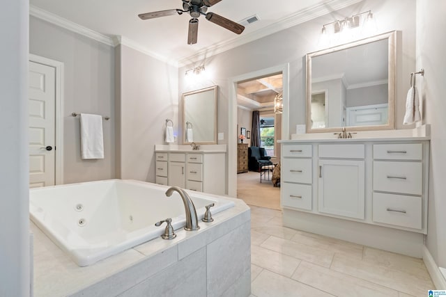 bathroom with vanity, ceiling fan, crown molding, and tiled bath